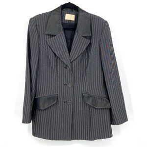 ALBERTO MAKALI Vintage Women's Black Gray Wool Blend Leather Button Up Blazer 14